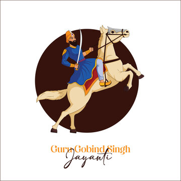 Vector Illustration Guru Gobind Singh ji Jayanti Or Gurupurab with Warrior Horse and white background Editable Template 