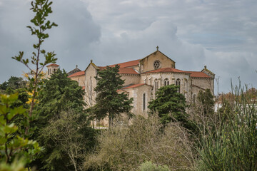 Fototapeta na wymiar Plants and trees overlooking the exterior of the apse of the Gothic-style Santa Clara church, Santarém PORTUGAL