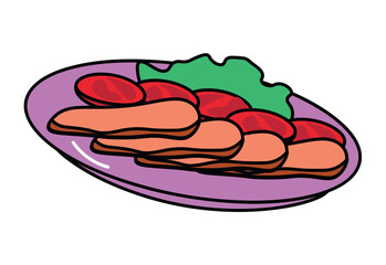 Product for dinner of food colorful set. This dinner-themed image showcase an appetizing display of hams slices. The white background adds a touch of sophistication. Vector illustration.