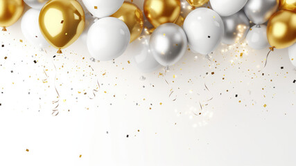 Celebration banner with silver and gold confetti and balloons, isolated on white background. Celebrate birthday template - obrazy, fototapety, plakaty