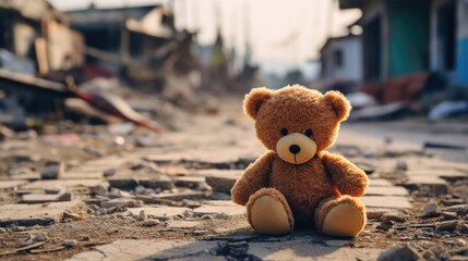 Kid's teddy bear toy in city street after earthquake and destroyed city in background 
