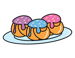 Product for dinner of food colorful set. This colorful donuts are presented as a work of art against the elegant white background. Vector illustration.