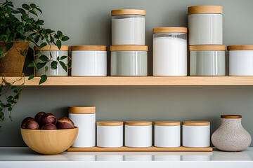 Fototapeta na wymiar Organization of storage of kitchen utensils and cereals. Modern bright minimalist kitchen with wooden shelves in Scandinavian style.