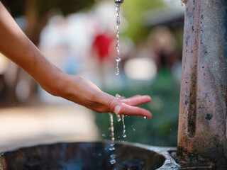 Antalyas old town: female hand gracefully reaches for drinking fountain, refreshing oasis amidst historical charm, offering sip of history and tranquility