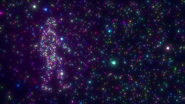 looped 3d animation of a particle of multicolored energy of a walking person