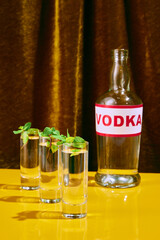 Bottle of vodka, alcohol drink and liquor garnished shots with mint and plate of lime stand on bar counter in luxury restaurant. Concept of night life, party time, celebration, holidays, New Year. Ad.