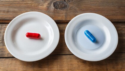 Difficult choice concept. Free will concept. Red vs blue pill. AI generated image.