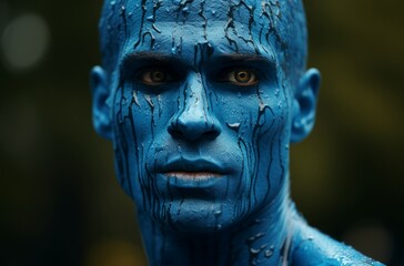 Mysterious Man blue skin face. Skin face yoga. Fictional person. Generate Ai