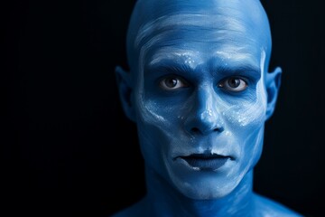 Radiant Man blue skin face. Skin face yoga. Fictional person. Generate Ai