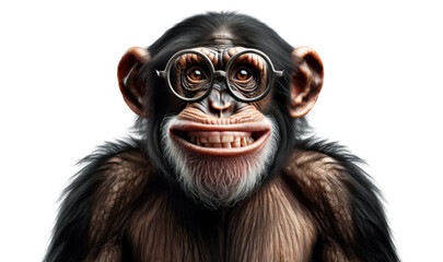 Chimp portrait with glasses and awkward laugh. Chimpanzee with a gesture of discomfort on his face, isolated on white background - obrazy, fototapety, plakaty