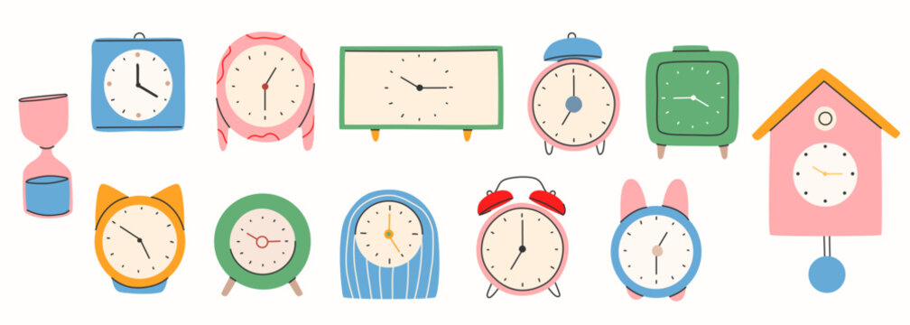 Different types of watches in trendy style. Clock poster set. Fashionable hand-drawn style.Print, poster, banner.Vector