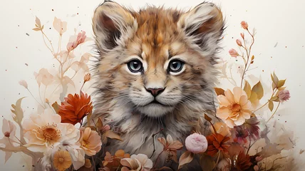 Gordijnen Fantastic illustrations of flowers and wild cats, creative floral art and wildlife digital works, Generative AI © landstar