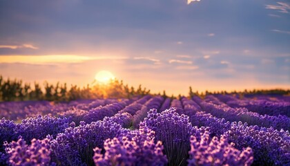 Sunset over a violet-lavender field