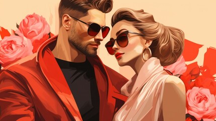 Valentines Day stylish couple illustration. Digital artwork of a fashion-forward couple in sunglasses and bold red accessories, exuding confidence and style.