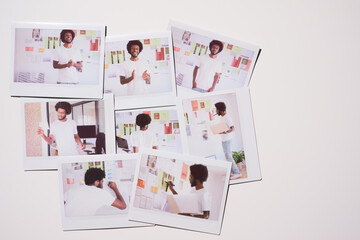 Inspired Office Vibes. array of Polaroid images capturing a man in various states of enthusiasm and focus, interacting with his creative workspace and reflecting a positive office vibe.