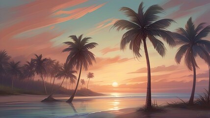 A Breathtakingly Realistic Sea Sunset Silhouetted Against Majestic Palm Trees.
