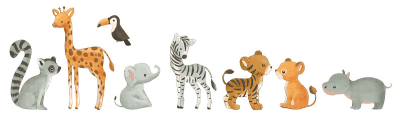 Set of cute safari animals. Raccoon, giraffe, elephant, zebra, tiger, lion, hippo, toucan. Zoo wild animals set.  - obrazy, fototapety, plakaty