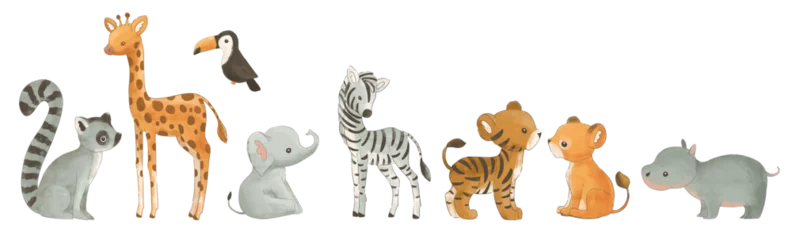 Foto op Canvas Set of cute safari animals. Raccoon, giraffe, elephant, zebra, tiger, lion, hippo, toucan. Zoo wild animals set.  © jenteva