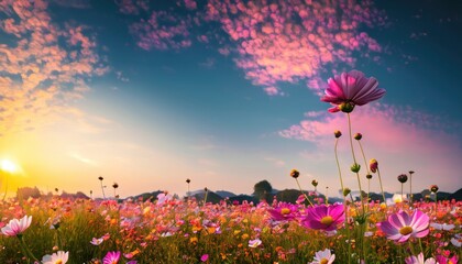Beautiful and amazing cosmos flower field landscape in sunset