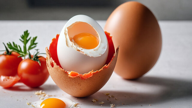 A photograph of a hatched chicken egg, with a tomato inside the egg. Beside the egg are pieces of the eggshell
