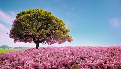Big tree in pink color flower field - obrazy, fototapety, plakaty