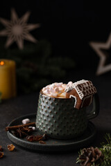 Hot winter drink in a clay mug. Close-up of hot chocolate with marshmallow and  gingerbread house....