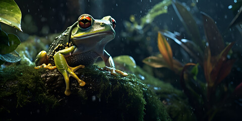 A frog or toad sits in a jungle background rainforest frog, Baby hypochondrialis tiger legged monkey frog baby tiger legged tree frog closeup on green leaves, generative AI

 - obrazy, fototapety, plakaty