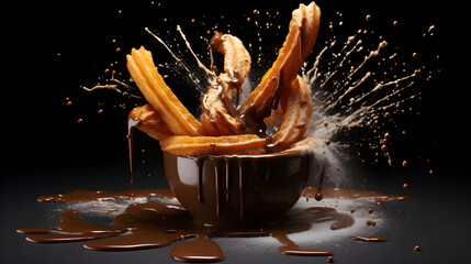 Churros, a traditional dessert with Mexican or Spanish origins, are depicted in a levitated state, suspended in the air, accompanied by chocolate splashes and drops. generative AI - obrazy, fototapety, plakaty