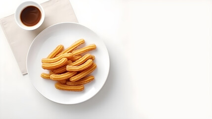 Top view of Churros, a traditional dessert with Mexican or Spanish origins on the white plate and white table. generative AI