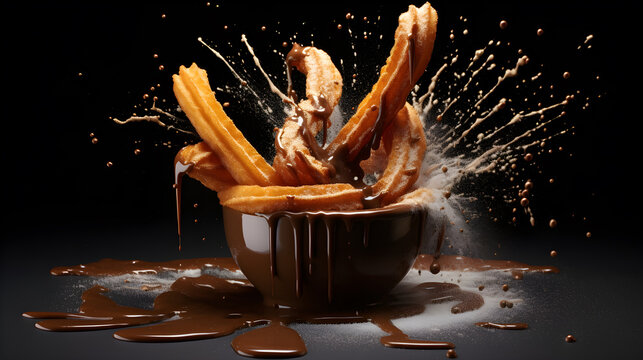 Churros, a traditional dessert with Mexican or Spanish origins, are depicted in a levitated state, suspended in the air, accompanied by chocolate splashes and drops. generative AI © masanyanka