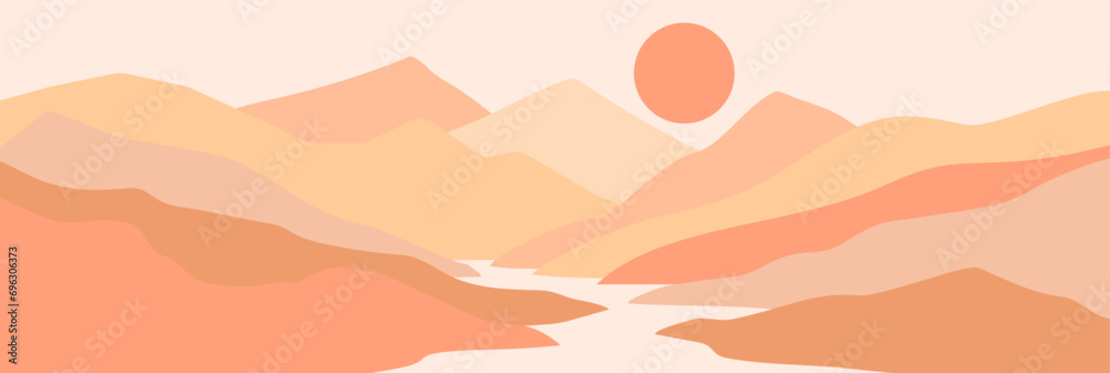 Poster abstract mountain landscape poster. contemporary style nature scenery background in trendy peach fuz