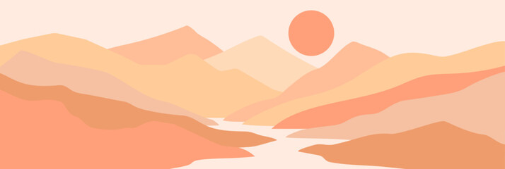 Abstract mountain landscape poster. Contemporary style nature scenery background in trendy Peach Fuzz color of the year 2024. Minimal wall art vector illustration.
 - obrazy, fototapety, plakaty