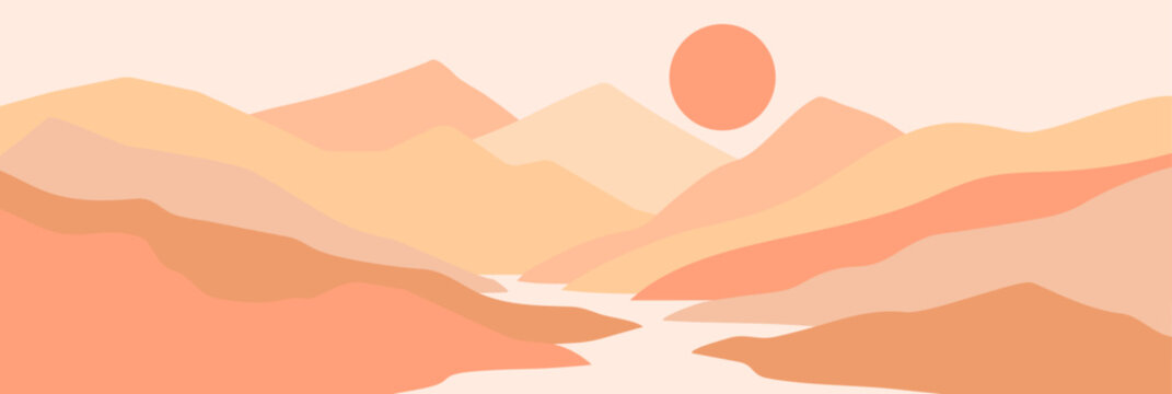 Abstract mountain landscape poster. Contemporary style nature scenery background in trendy Peach Fuzz color of the year 2024. Minimal wall art vector illustration.
