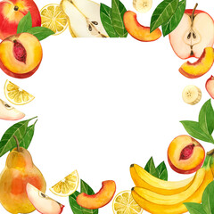 Square watercolor frame made of fruits. Bananas, peaches, pear, lemon slices, leaves hand drawn in watercolor. For printing on fabric, for decorating kitchens, dishes, recipes.