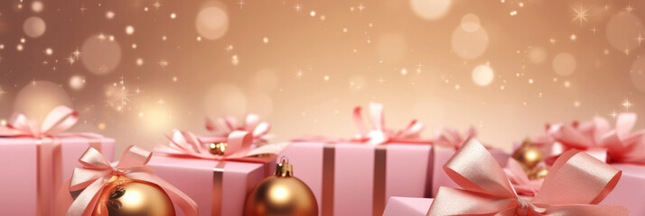 Pink Christmas background with festive gift boxes and Christmas balls. Holiday pink Christmas and New Year banner backdrop with copy space.