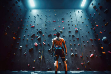 male rock climber stands in front of the wall of a training climbing wall, rear view - obrazy, fototapety, plakaty