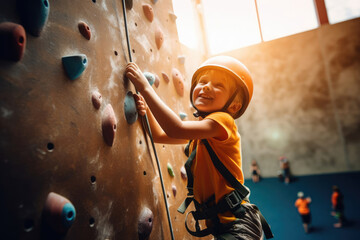 Happy boy on a climbing wall climbs up. Children's rock climbing training - obrazy, fototapety, plakaty