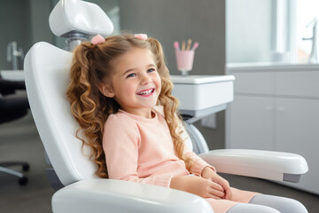 Obraz na płótnie Canvas happy little child girl sitting in dental chair