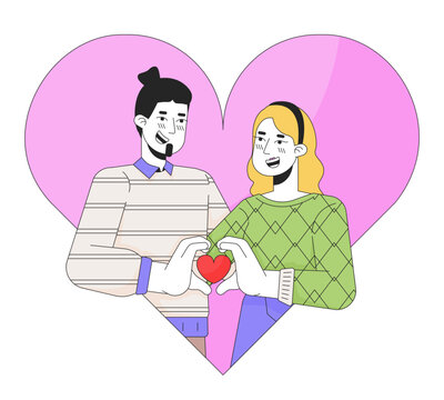 Caucasian girlfriend boyfriend 14 february 2D linear illustration concept. Valentine day couple cartoon characters isolated on white. Bonding relationship metaphor abstract flat vector outline graphic