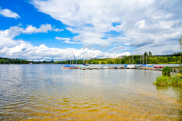 Nature at the Brucher Dam near Marienheide in North Rhine-Westphalia. View of the lake with the...