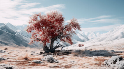 First snow in the autumn mountains with a single tree with red leaves.