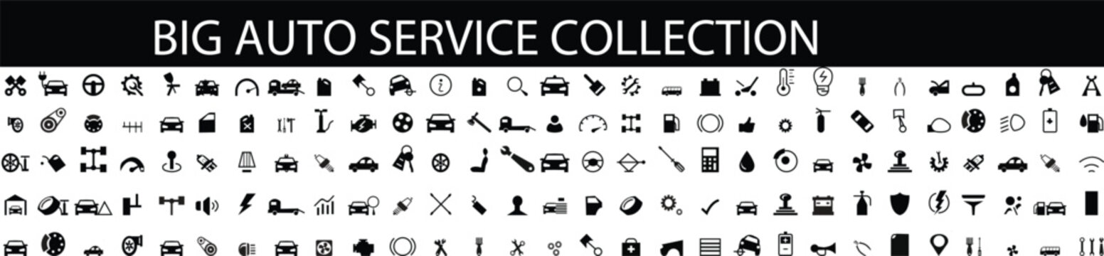 Auto Repair Shop Icons - Big Series, Car Service And Garage 150 Isolated Icons Set On Transparent Background, Repair, Car Detail, A Collection Containing Wrench, Fuel, Tyre Etc