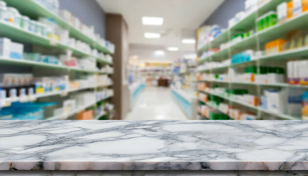 Pharmacy marble table counter with medicines health care products arrange on shelves in drugstore blurred defocus background