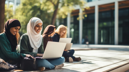 copy space, stockphoto, Portrait of two Muslim female students in traditional headscarf using laptop and phone in university campus. Female arabic students using laptop or cellphone on the campus site
