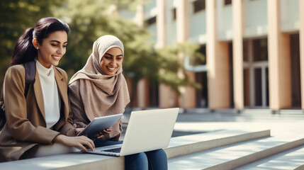 copy space, stockphoto, Portrait of two Muslim female students in traditional headscarf using laptop and phone in university campus. Female arabic students using laptop or cellphone on the campus site