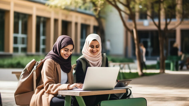 copy space, stockphoto, Portrait of two Muslim female students in traditional headscarf using laptop and phone in university campus. Female arabic students using laptop or cellphone on the campus site