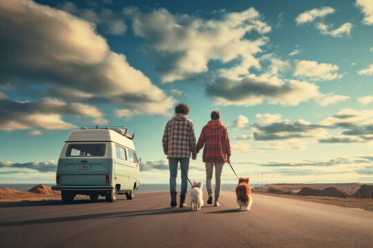 Rear View Of Couple With Their Dogs On Road Trip, Walking On A Road