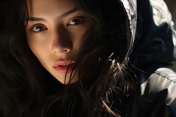 Fototapeta premium Close-up portrait of a beautiful Asian woman Fashion style with sunlight and shadows on the face in the bright morning light
