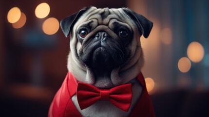 Portrait of a Pug dog wearing a bow tie - obrazy, fototapety, plakaty