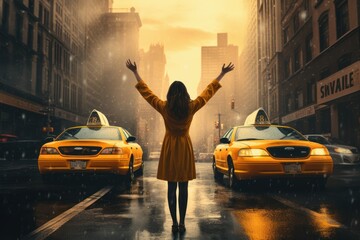 Woman take taxi. Urban car. Generate Ai